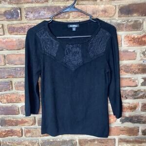 Roz & Ali Black 3/4 Sleeve Lace Bust Pullover Sweater Size Medium Petite PM